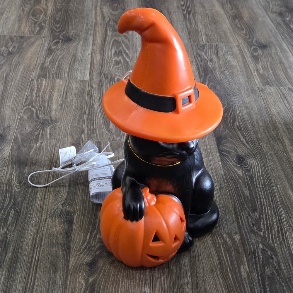 Black Cat Witch Hat Pumpkin Blow Mold 19in Plastic Orange Black Halloween Decor - Picture 5 of 7
